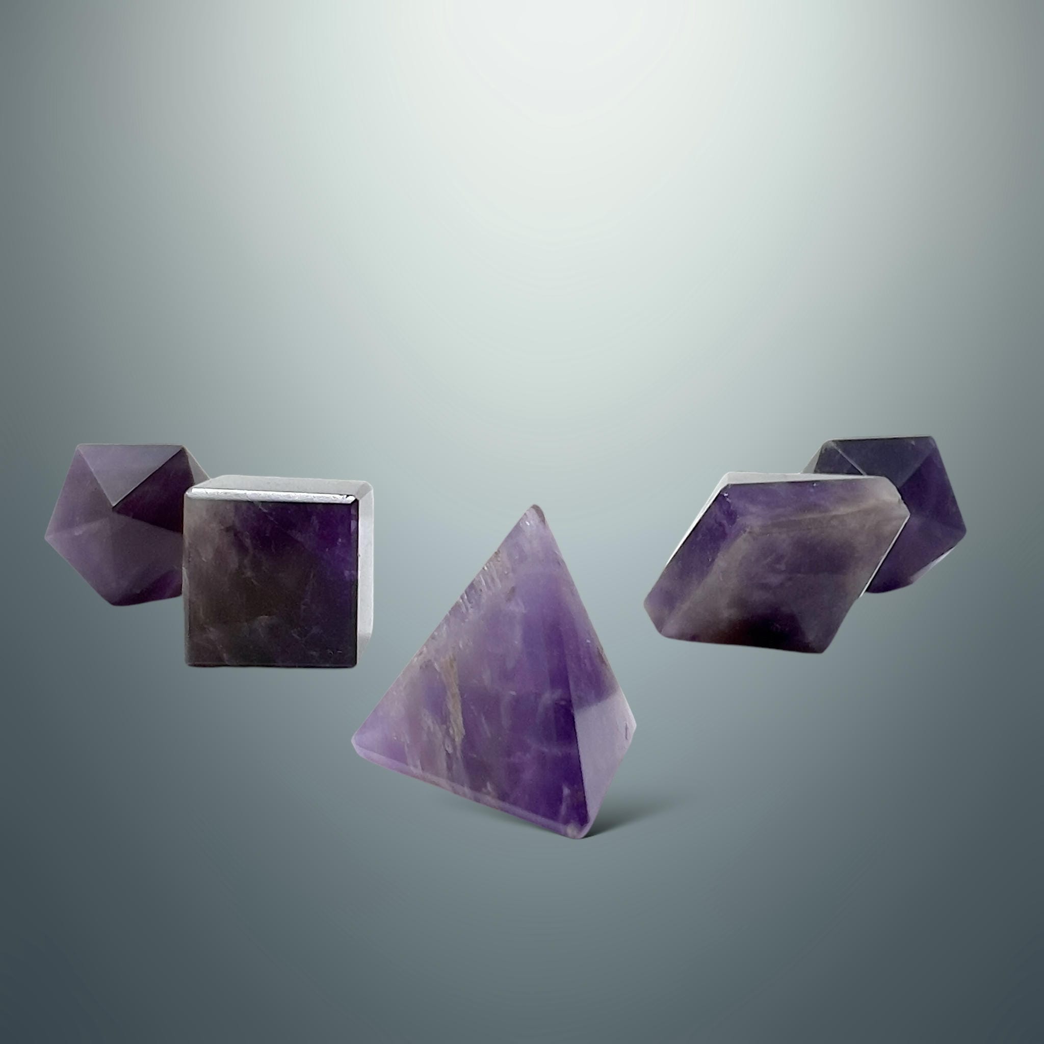 Set de Sólidos Platónicos en Amatista (Caja de Madera)