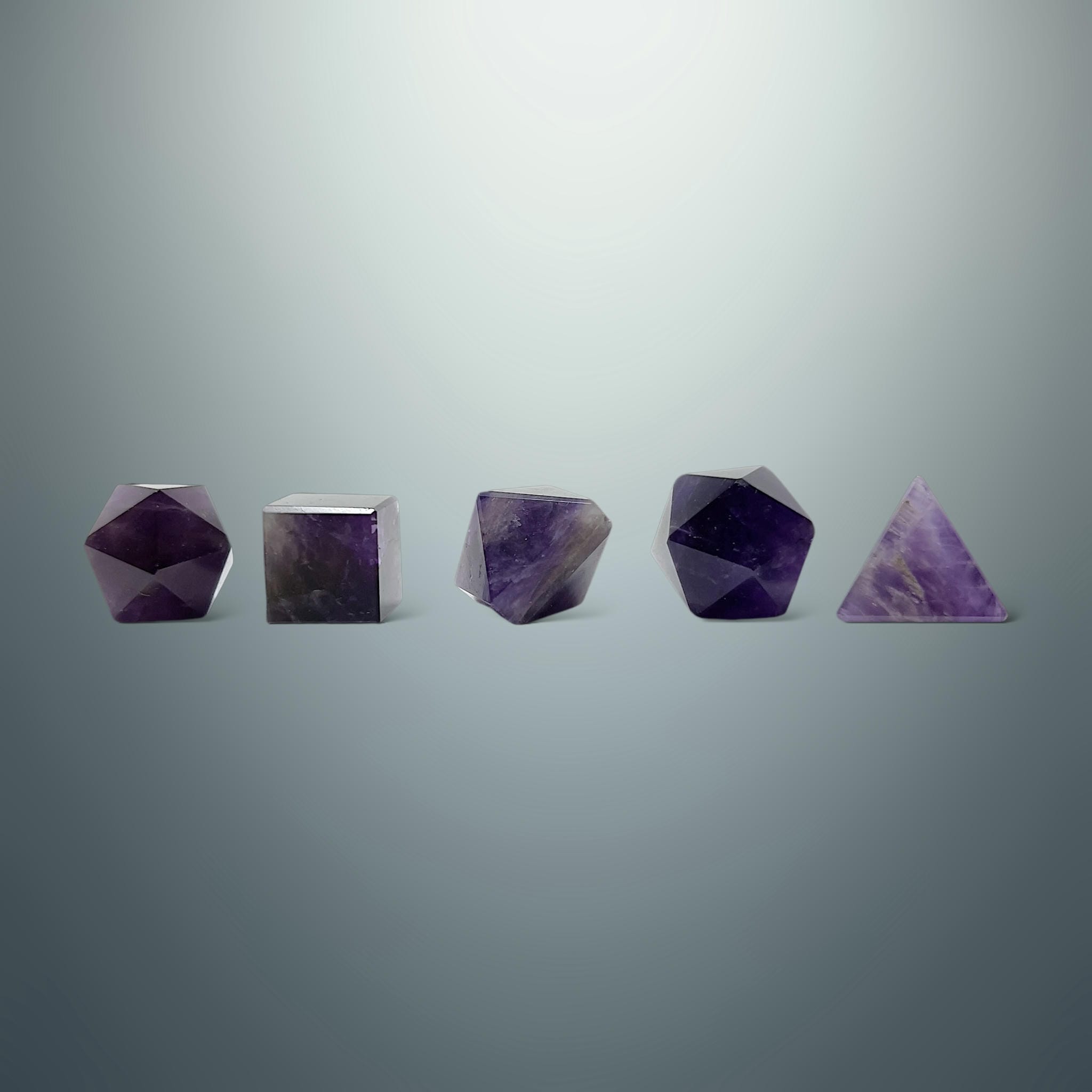 Set de Sólidos Platónicos en Amatista (Caja de Madera)