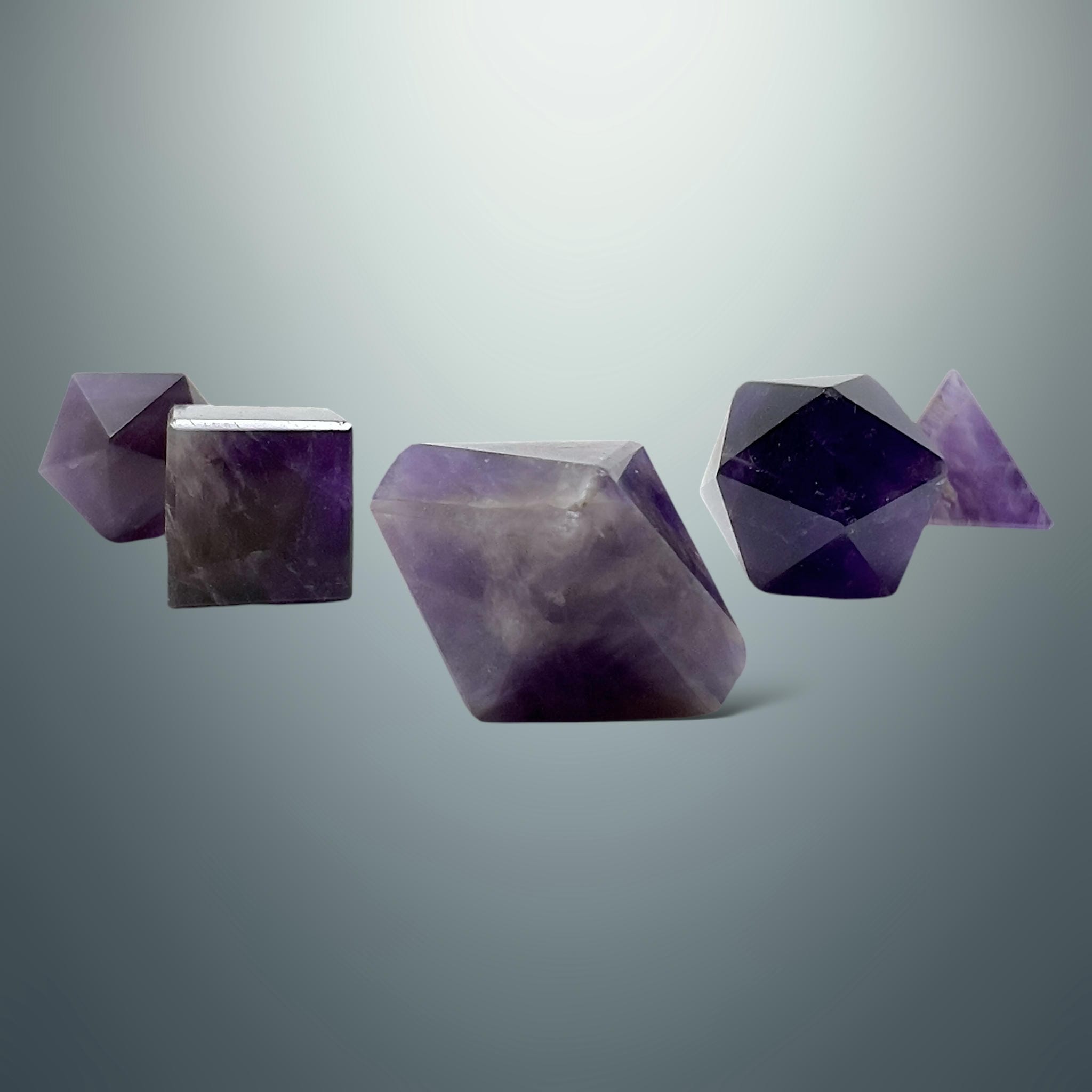 Set de Sólidos Platónicos en Amatista (Caja de Madera)