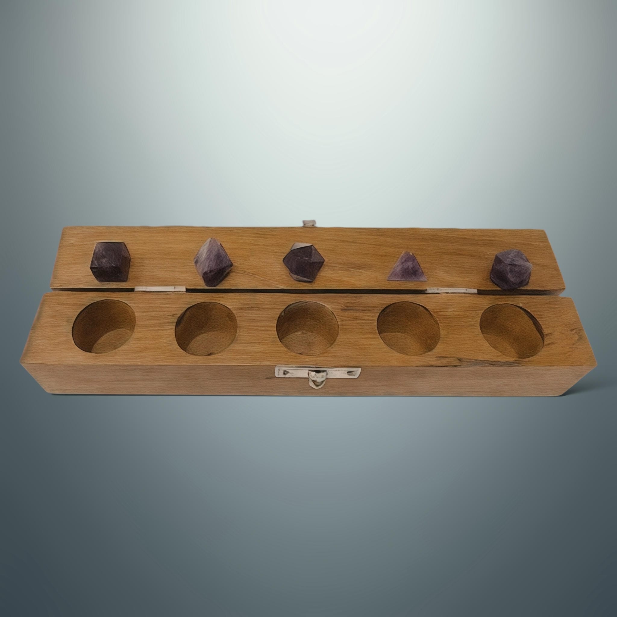 Set de Sólidos Platónicos en Amatista (Caja de Madera)